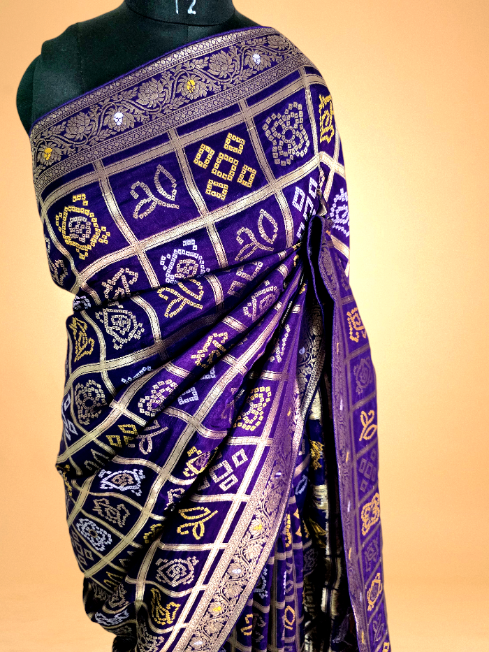 Purple Zari Check Crepe Bandhani Saree