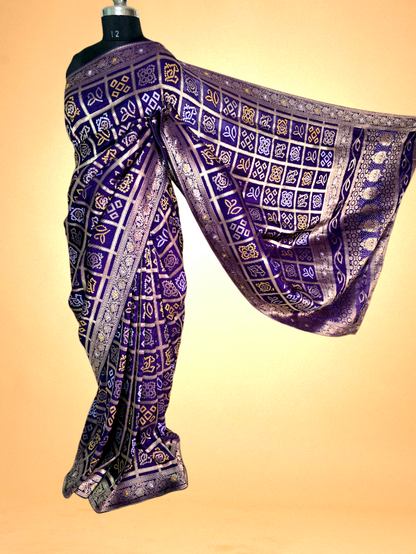 Purple Zari Check Crepe Bandhani Saree