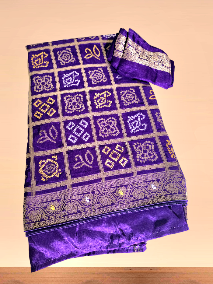 Purple Zari Check Crepe Bandhani Saree