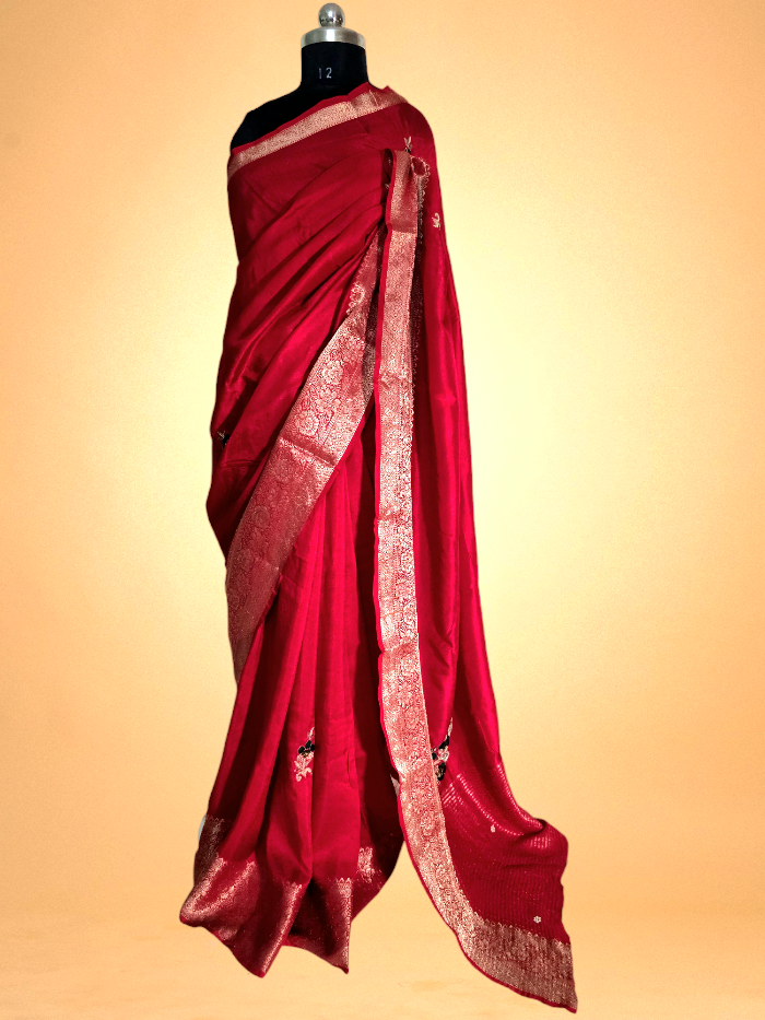 Red Pure Moonga Crepe Saree