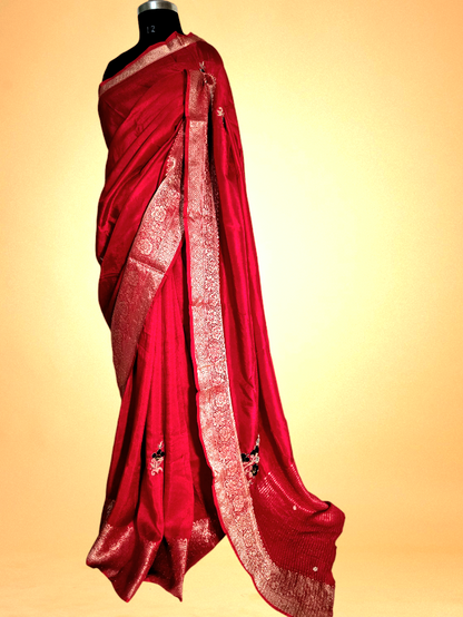 Red Pure Moonga Crepe Saree