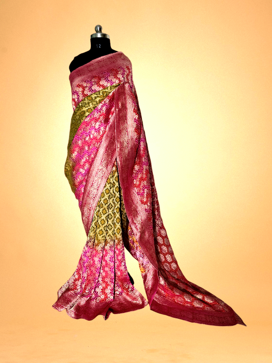 Green and Pink Bandhani Pure Khaddi Georgette Saree