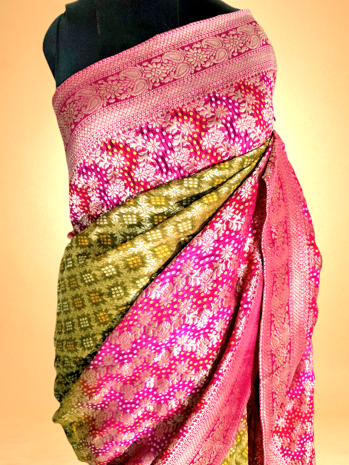 Green and Pink Bandhani Pure Khaddi Georgette Saree