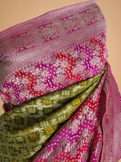 Green and Pink Bandhani Pure Khaddi Georgette Saree