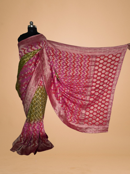 Green and Pink Bandhani Pure Khaddi Georgette Saree