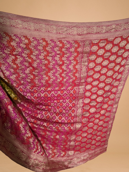 Green and Pink Bandhani Pure Khaddi Georgette Saree