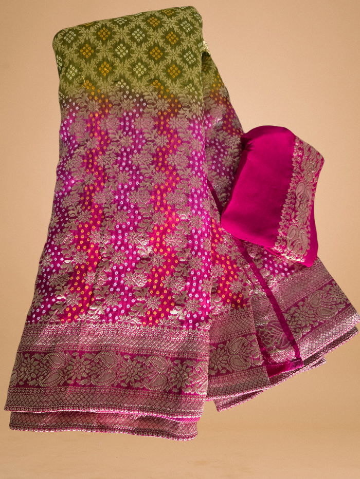 Green and Pink Bandhani Pure Khaddi Georgette Saree