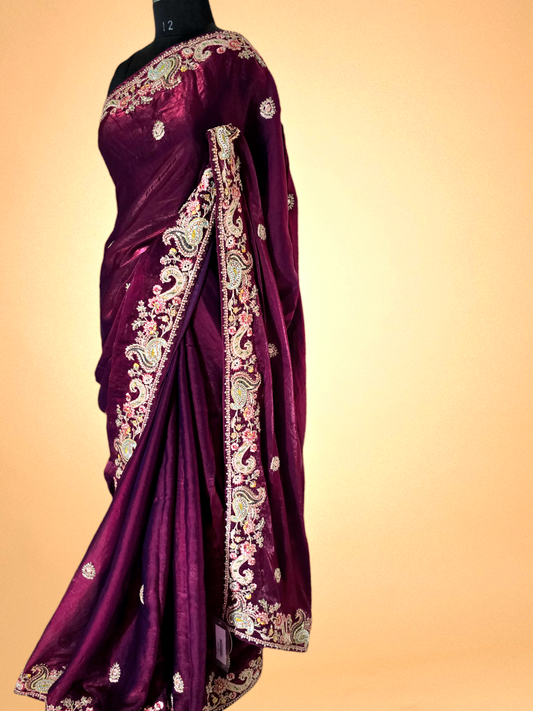 Maroon Satin Crepe Embroidary Saree