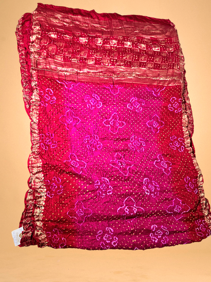 Red and Pink Pure Gajji Silk Bandhani  Saree.