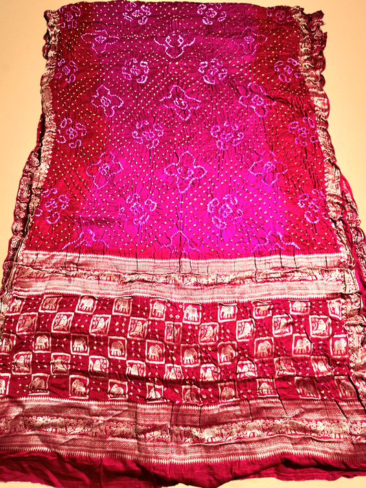 Red and Pink Pure Gajji Silk Bandhani  Saree.