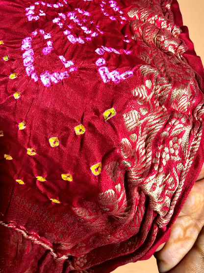 Red and Pink Pure Gajji Silk Bandhani  Saree.