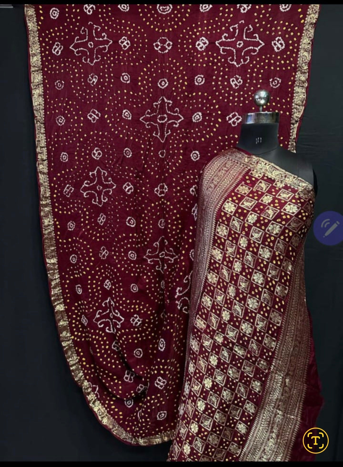 Maroon Pure Gajji Silk Bandhani Saree with Nakshi Border and Pallu.