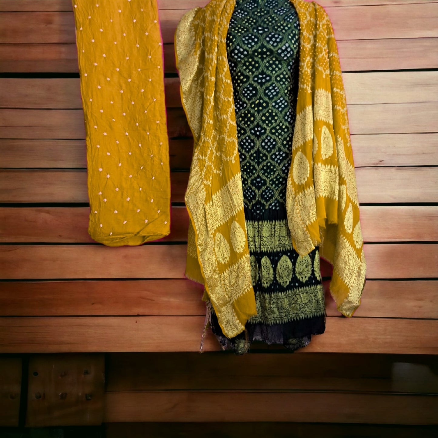 Pure khaddi georgette Bandhani Green Suit With Yellow Color Duptta And Salwar