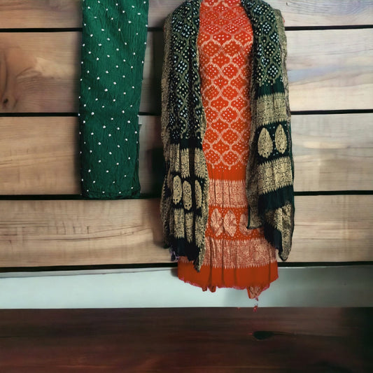 Pure Khaddi Georgette Bandhani Orange Suit With Green Color Duptta and Salwar