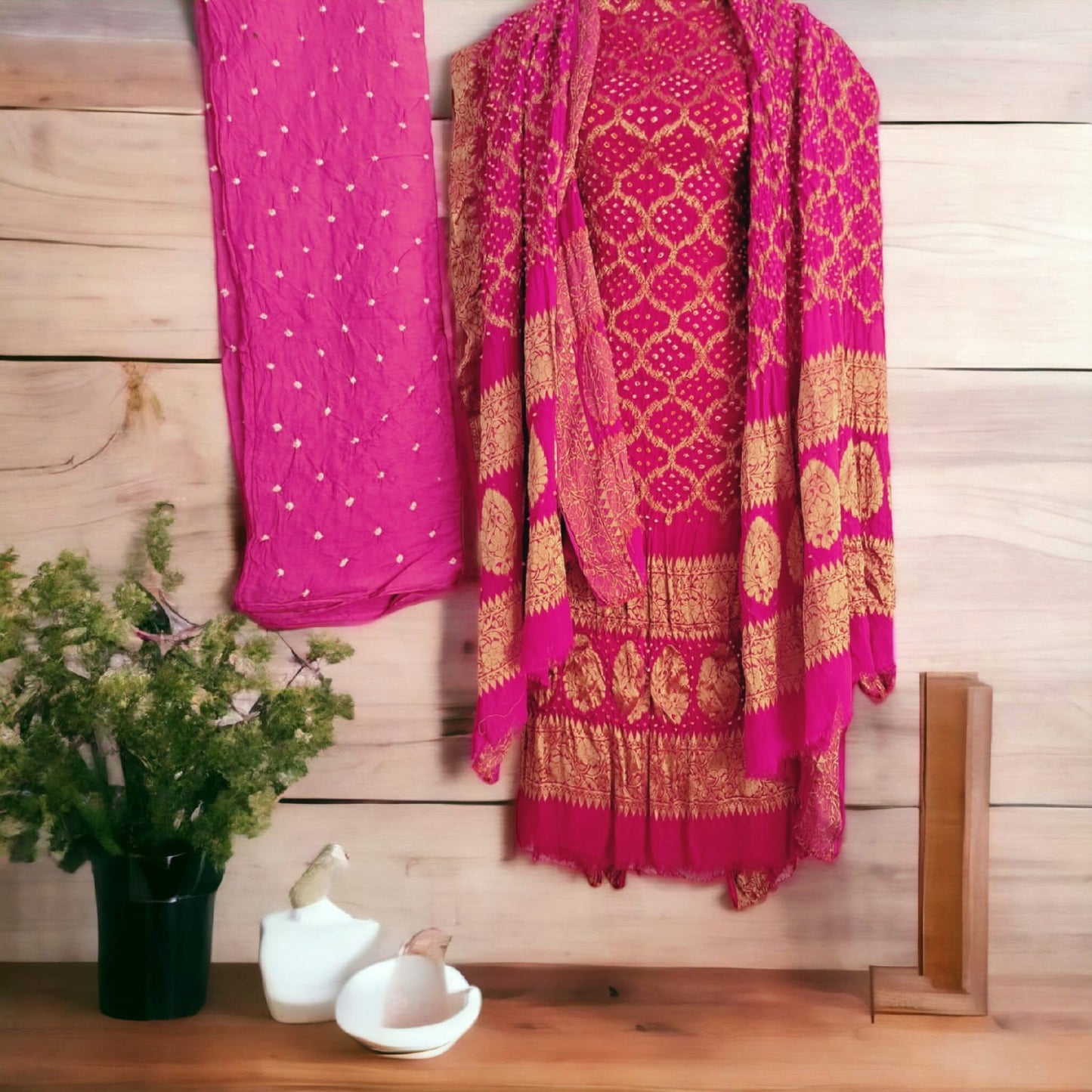 Pure Khaddi Georgette Bandhani Pink Suit With Pink Color Duptta and Salwar