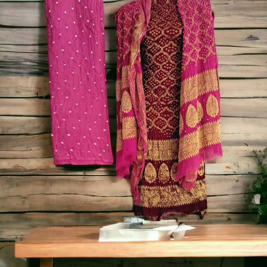 Pure Khaddi Georgette Bandhani  Dark Brownish Red Suit With Magenta Colour Duptta and Salwar